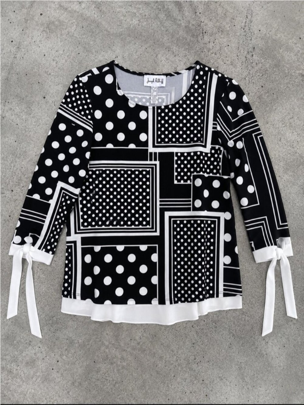 Joseph Ribkoff Black White Polka Dot Geometric Tie Sleeve Blouse Woman 12 202183